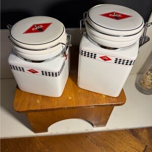 Coca-Cola White Ceramic Canister Duo with Red Logo and Checker Trim